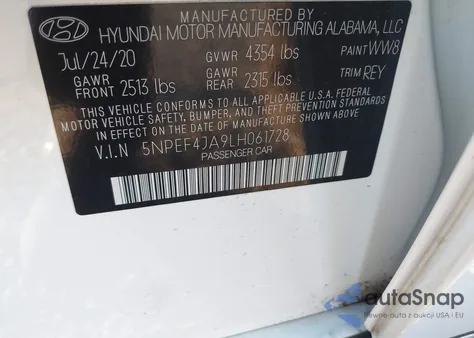 2020 Hyundai Sonata Sel из США, поврежденный, VIN 5NPEF4JA9LH061728